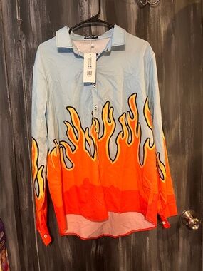 Romwe Flame Print Button Down Shirt NWT XL